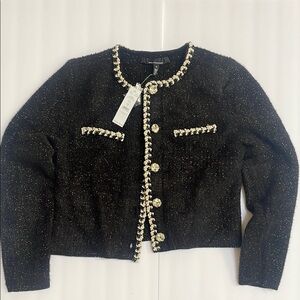 White House Black Market Black Cardigan with Gold Trim
